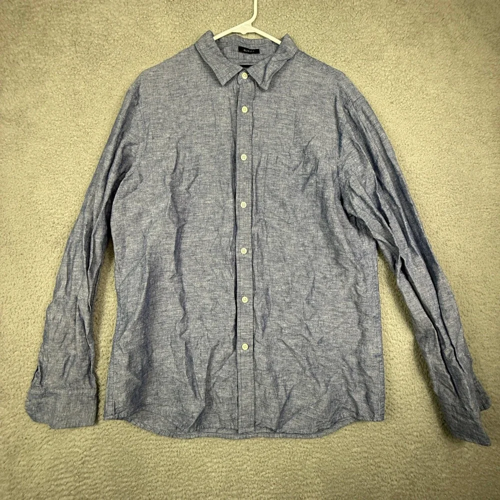 Banana Republic Slim Fit Linen Blend Long Sleeve‎ Button Down Shirt Size L Blue